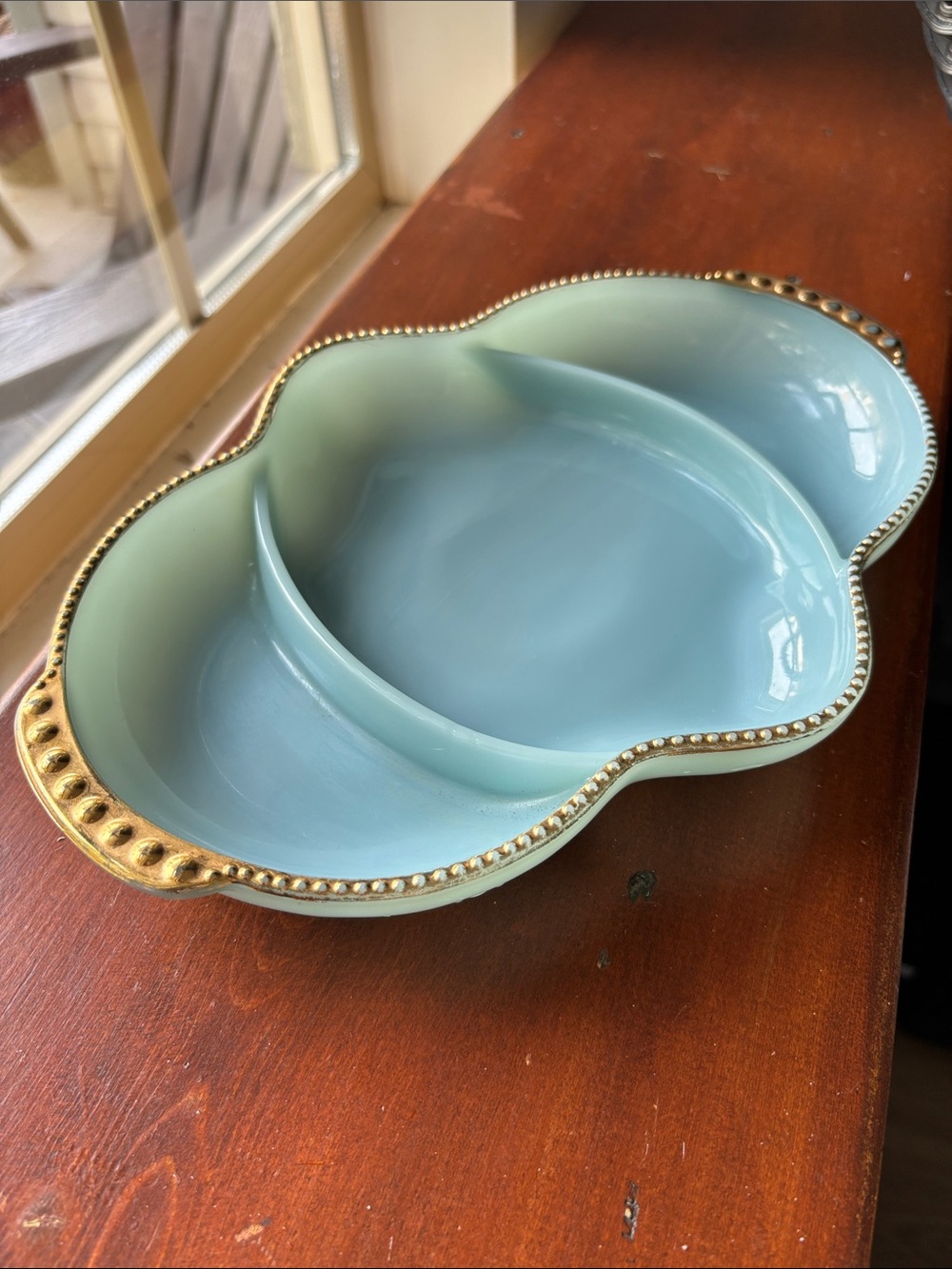 Vintage Fire King Delphite Blue Milk Glass Divided Serving Dish with Gold Trim